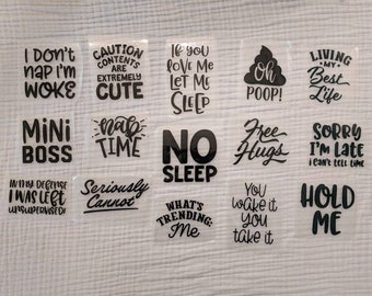 Baby Shower Fun! Newborn Bodysuit Phrases III - Sassy Sayings - 15 Pack of Iron On Transfers