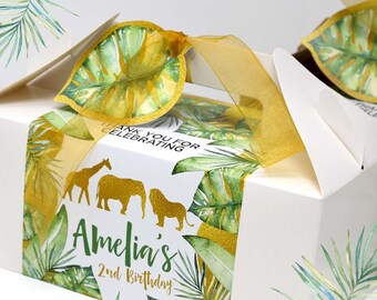PERSONALISED Large Gold Jungle Safari Leaf Palm Picnic Kraft Birthday Wedding Party Favor Bag Box Food Activity