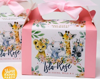 Personalised Pink Jungle Animals Small Flower Floral Box Wedding Birthday Hen Celebration Party Gift Favor Bag Box Treat Sweet Cake
