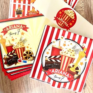 MOVIE NIGHT FILM Pizza Personalised Party Box, Bottle Wrappers, Cutlery/Napkin Wraps, Place Mats, Plate Toppers, Stickers. Birthday boxes