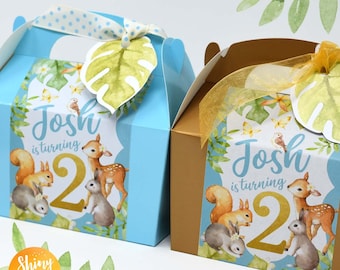 Personalised Mini Favor Box Gold Safari Animals Jungle Birthday Party Bag Leaf