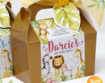 Personalised Mini Favor Box Gold Safari Animals Jungle Birthday Party Bag Leaf