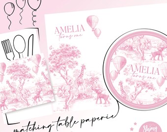 PINK Safari Toile Personalised Party Box - Add matching paperie co-ordinate your party decor - Table Settings Gift Bags Birthday Stickers