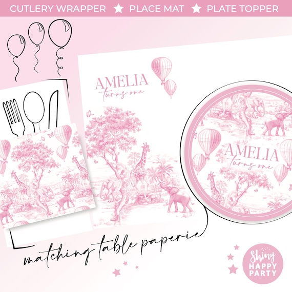 PINK Safari Toile Personalised Party Box - Add matching paperie co-ordinate your party decor - Table Settings Gift Bags Birthday Stickers