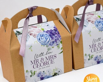 WEDDING Personalised White Lilac Purple Blue Box Flower Petal Party Gift Favor Bag Box Treat Sweet Cake Christening Baptism Shower