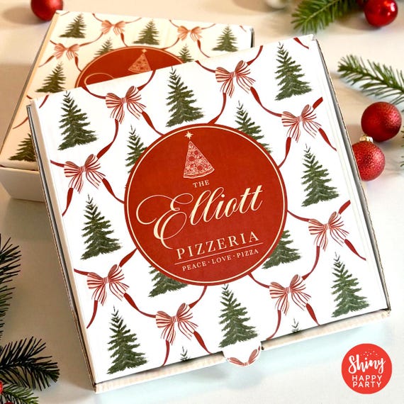 FESTIVE Christmas Pizzeria Personalised 7" Pizza Party Box Gifts Graze Food Sweets Treats Snacks Favors. Add Bottle Wrappers to match.