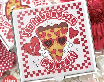 VALENTINES PIZZA LOVE Gepersonaliseerde 7-inch feestdoos. Kleine pizza. Schaardoos. Snoepjes, lekkernijen, hapjes, cadeaus. Voeg bijpassende flessenverpakkingen toe.
