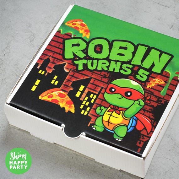 SUPERHERO TURTLE PIZZA Box Personalised 7" Party Box. Small Pizza. Graze Box. Sweets, Treats, Nibbles, Gifts. Add Bottle Wrappers to match.