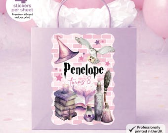 Personalised Wizard Magical Wizard Birthday Party Bag Box Stickers - Pink Magic Girls Theme Labels