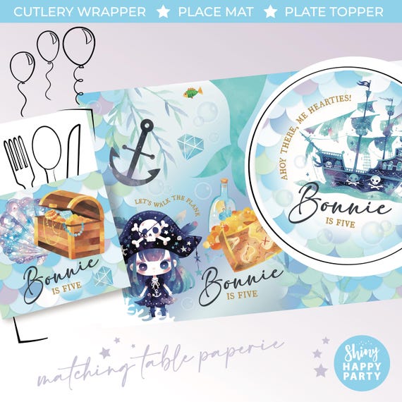 MERMAID GOTH PIRATE Under Sea Personalised Party Box Add matching paperie co-ordinate party decor Table Settings Gift Bags Birthday Stickers
