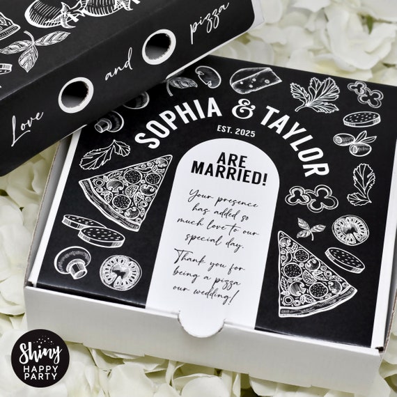 PIZZA Ingredients Black/White Box Personalised 7" Party Box. Small Pizza. Wedding. Sweets, Nibbles, Gifts Add Bottle Wrappers to match