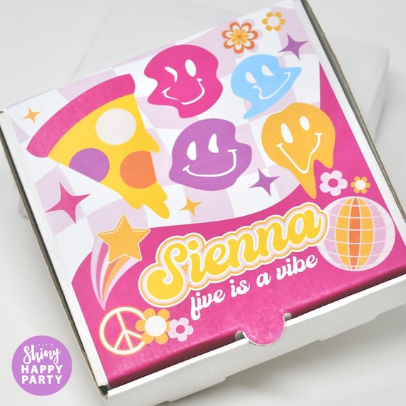 GROOVY Pink Lilac PIZZA BOX Personalised 7" Party Box. Small Pizza. Graze Box. Sweets, Treats, Nibbles, Gifts. Add Bottle Wrappers to match.