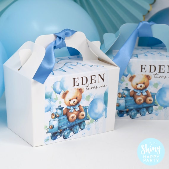 BLUE BEAR TRAIN Personalised Party Box - Add matching paperie to co-ordinate your party decor - Table Settings Gift Bags Birthday Stickers