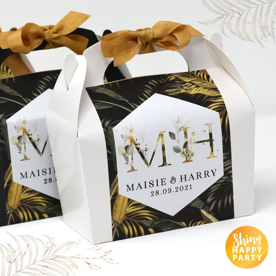 GOLD FERN Personalised Wedding Favor Box, Cake, Sweets, Gift Boxes. Matching Table Decor & Paperie available.