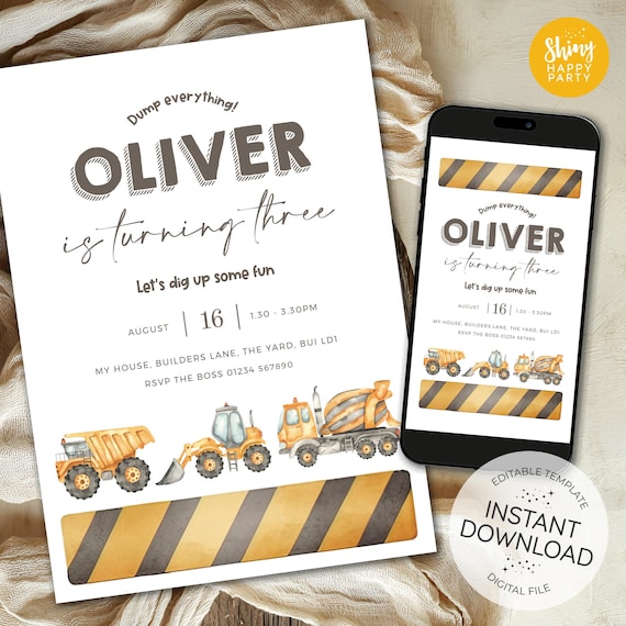 EDITABLE CONSTRUCTION Digger Truck Invitation Boy Birthday Invitations Party Invite Printable Template Digital Instant Download
