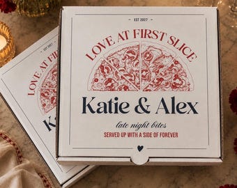 LATE NIGHT Bites Pizzeria Pizza Box Personalised 7" Red Navy Elegant Wedding Grazing, Treats, Gifts Favors Sophistication in Every Slice