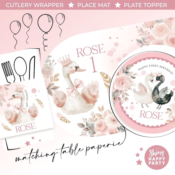 PRINCESS SWAN Personalised Party Box - Add matching paperie to co-ordinate your party decor - Table Settings Gift Bags Birthday Stickers