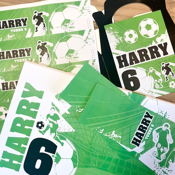GREEN FOOTBALL PARTY Personalised Party Box - Add matching paperie co-ordinate your party decor - Table Settings Gift Bags Birthday Stickers