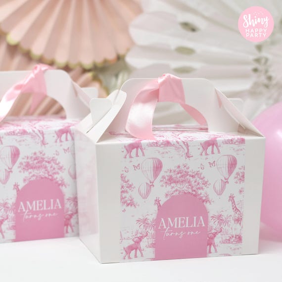 PINK Safari Toile Personalised Party Box - Add matching paperie co-ordinate your party decor - Table Settings Gift Bags Birthday Stickers