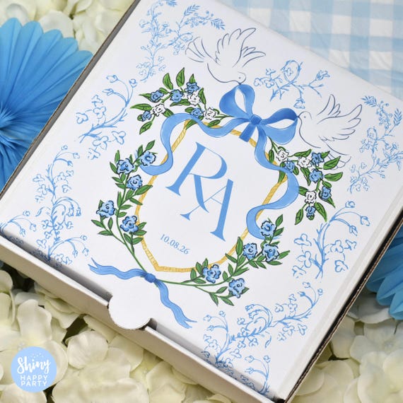 WEDDING PIZZA BOX Monogram Crest Personalised 7" Black/White Party Box Small Pizza Sweets Nibbles Gifts, Favors Add Bottle Wrappers to match