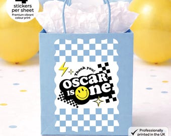 Personalised Blue Smiley Face Birthday Party Bag Box Stickers - Retro Groovy Labels