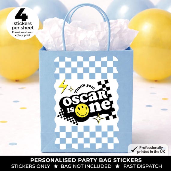 Personalised Blue Smiley Face Birthday Party Bag Box Stickers - Retro Groovy Labels