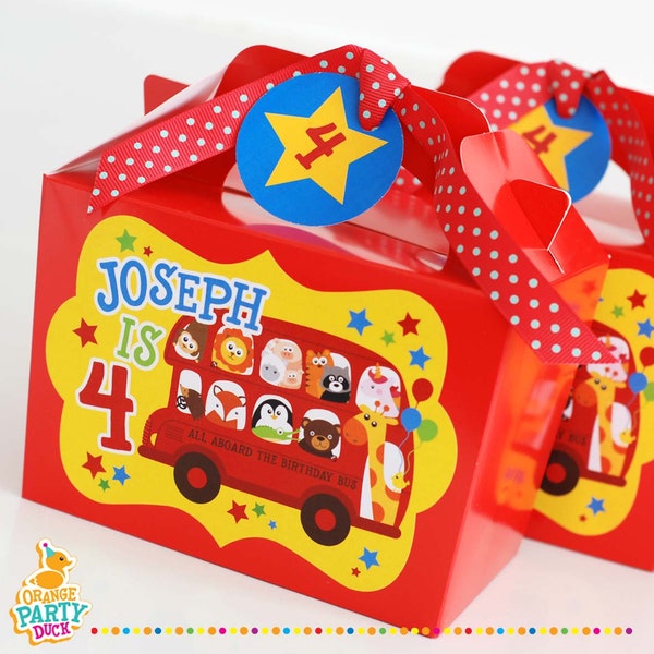 Boîte de fête personnalisée ANIMAL RED BUS - Ajoutez une paperie assortie pour coordonner votre décoration de fête - Accessoires de table Sacs cadeaux Stickers d'anniversaire