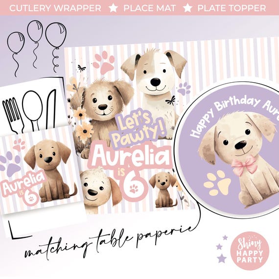 CUTE PUPPY DOGS Personalised Party Box - Add matching paperie co-ordinate your party decor - Table Settings Gift Bags Birthday Stickers