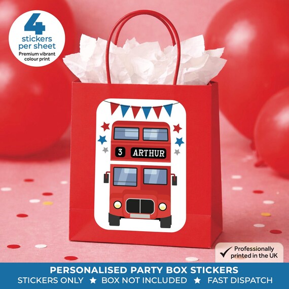 Personalised BUS Birthday Party Stickers - Red Transport Labels