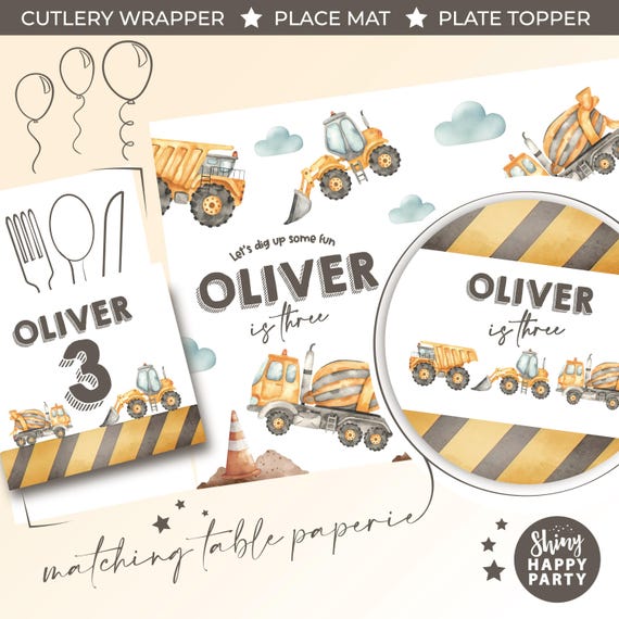 CONSTRUCTION Digger Truck Personalised Party Box - Add matching paperie co-ordinate party decor - Table Settings Gift Bags Birthday Stickers