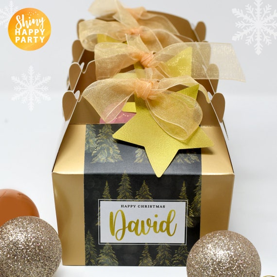 CHRISTMAS GOLD Mini Personalised Party Box, Bottle Wrappers, Cutlery/Napkin Wraps, Place Mats, Plate Toppers, Stickers. Gift boxes