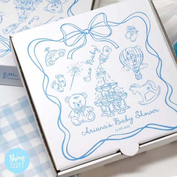 Whimsical Baby Shower 7" Pizza Box – Personalised Party, Graze Box for Small Pizza, Sweets, Treats, Nibbles & Gifts – Add Bottle Wrappers
