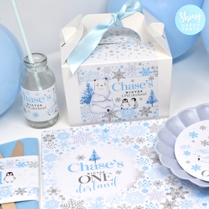 WINTER POLAR BEAR Personalised Party Box - Add matching paperie to co-ordinate your party decor - Table Settings Gift Bags Birthday Stickers