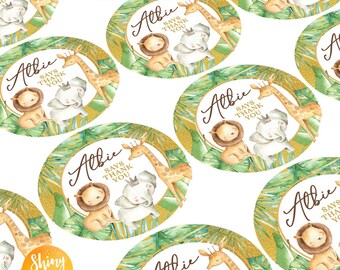 Personalised Gold Jungle Palm Leaf Animals Safari Sticker Circle Round Birthday Party Favor Tag Sweet Cone Thank You Decoration 63mm 88mm