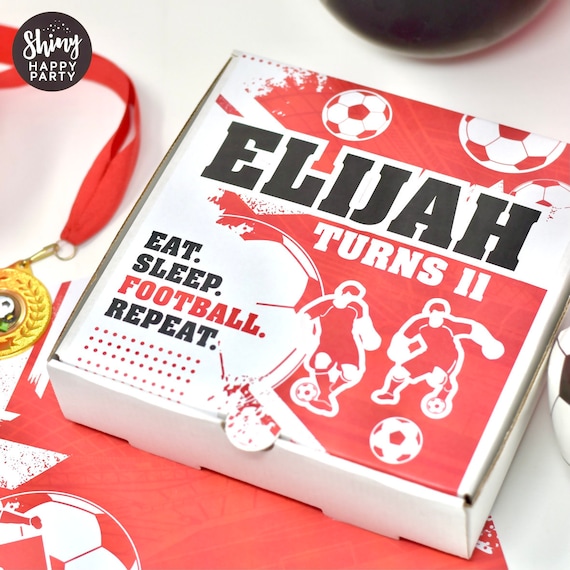 FOOTBALL FUN PIZZA Box Personalised 7" Party Box. Small Pizza. Graze Box. Sweets, Treats, Nibbles, Gifts. Add Bottle Wrappers to match.
