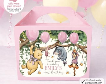 Personalised Pink Honey Bear Birthday Party Bag Box Stickers - Winnie Pooh Labels