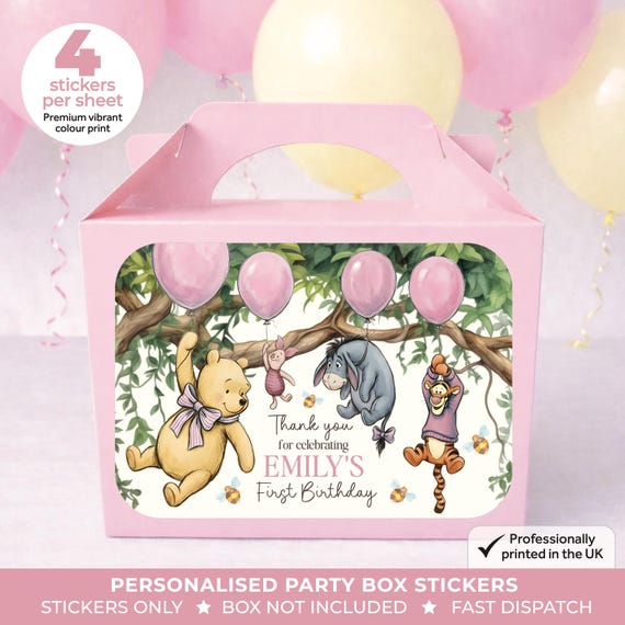 Personalised Pink Honey Bear Birthday Party Bag Box Stickers - Winnie Pooh Labels