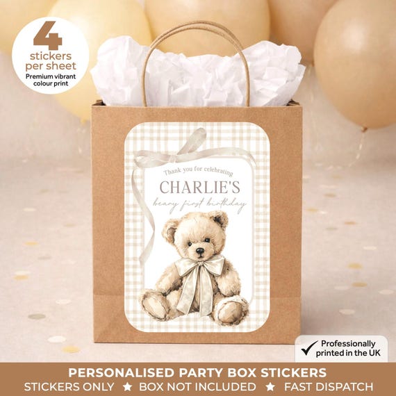Personalised Classic Teddy Bear Birthday Party Stickers - Neutral Labels