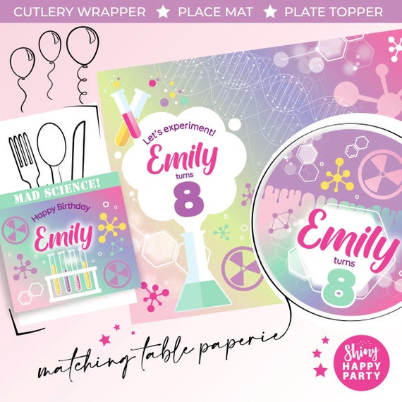 PINK SCIENCE Chemistry Personalised Party Box - Add matching paperie co-ordinate your decor - Table Settings Gift Bags Birthday Stickers