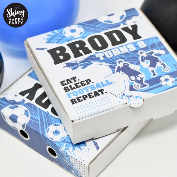 BLUE FOOTBALL PIZZA Box Personalised 7" Party box. Gifts Sweets, Treats, Nibbles. Add Bottle Wrappers to match