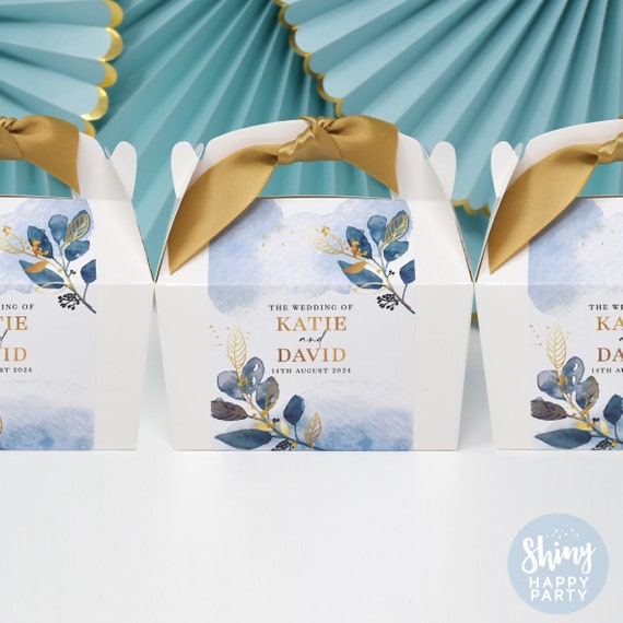 BLUE GOLD LEAF Wedding Personalised Wedding Favor Box, Cake, Sweets, Gift Boxes. Matching Table Decor & Paperie available.