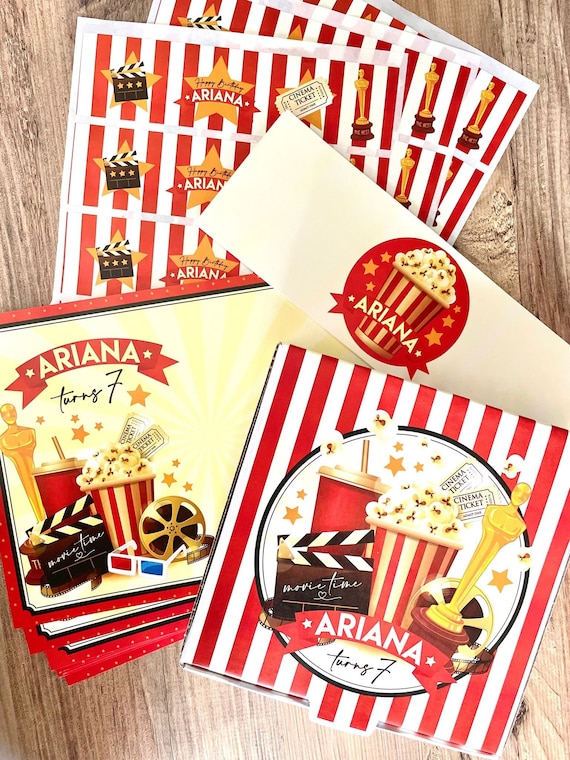 MOVIE NIGHT FILM Pizza Personalised Party Box, Bottle Wrappers, Cutlery/Napkin Wraps, Place Mats, Plate Toppers, Stickers. Birthday boxes