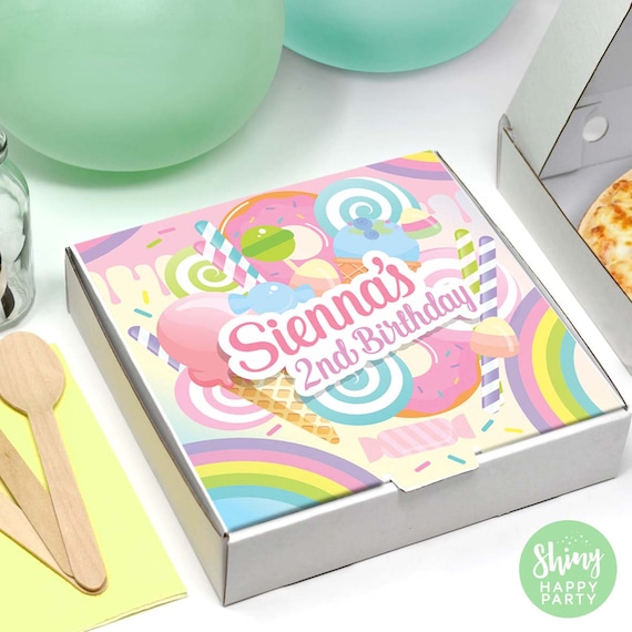 CANDYLAND PIZZA BOX Personalised 7" Party Box. Small Pizza. Graze Box. Sweets, Treats, Nibbles, Gifts. Add Bottle Wrappers to match.