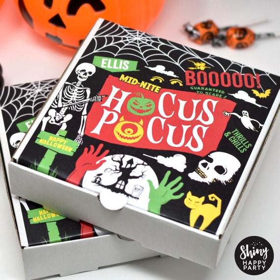 HOCUS POCUS Creepy Vintage Retro Comic Style Halloween PIZZA Box Personalised 7" Party Box. Add Bottle Wrappers to match