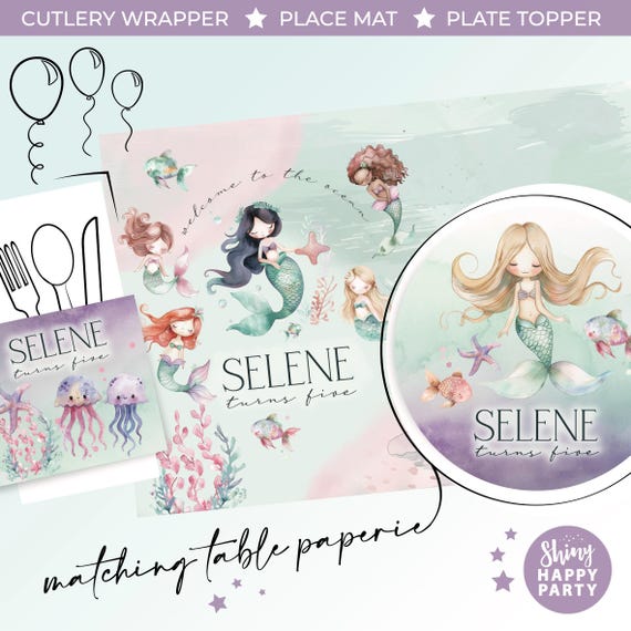 MERMAID SEA Pink Lilac Party Box & Matching Party Tableware | Birthday Decorations | Ocean Theme Party Set | Placemats, Stickers, Wrappers