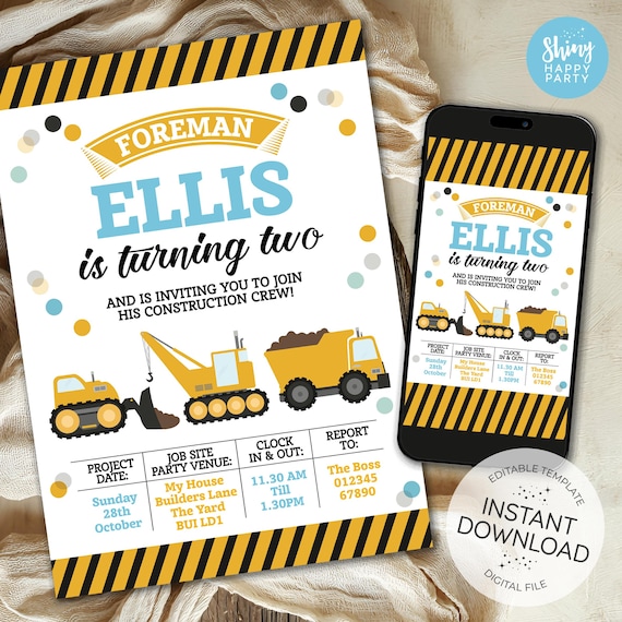 EDITABLE CONSTRUCTION Digger Truck Invitation Boy Birthday Invitations Party Invite Printable Template Digital Instant Download