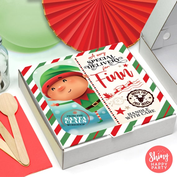 CHRISTMAS ELF Personalised 7" Pizza Party Box Gifts Graze Food Sweets Treats Nibbles Favors. Add Bottle Wrappers to match.