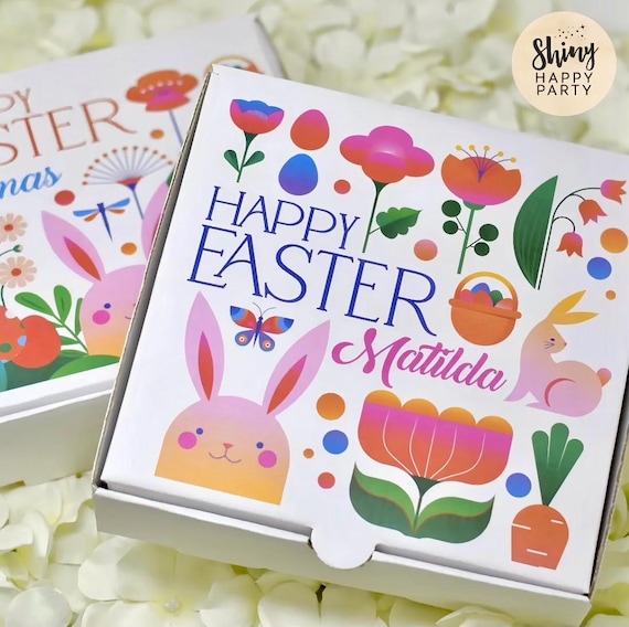 EASTER PIZZA BOX Personalised 7" Party Box. Small Pizza. Graze Box. Sweets, Treats, Nibbles, Gifts. Add Bottle Wrappers to match.