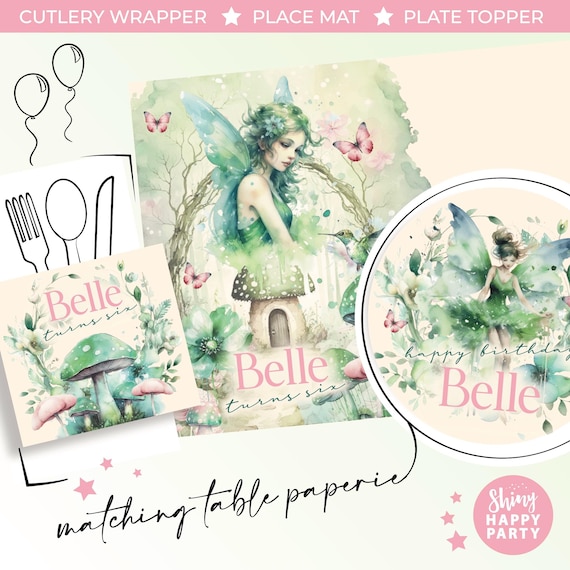 Green Pink Fairy Butterfly Personalised Party Box - Add matching paperie co-ordinate party decor - Table Settings Gift Bag Birthday Stickers