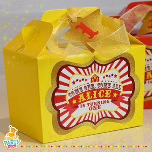 CIRCUS GOLD Personalised Party Box Add matching paperie to co-ordinate your party decor Table Settings Gift Bags Birthday Stickers image 2